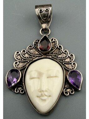 Vintage Carved Moon Face Celestial Pendant Sterling Silver Bali Style Amethyst